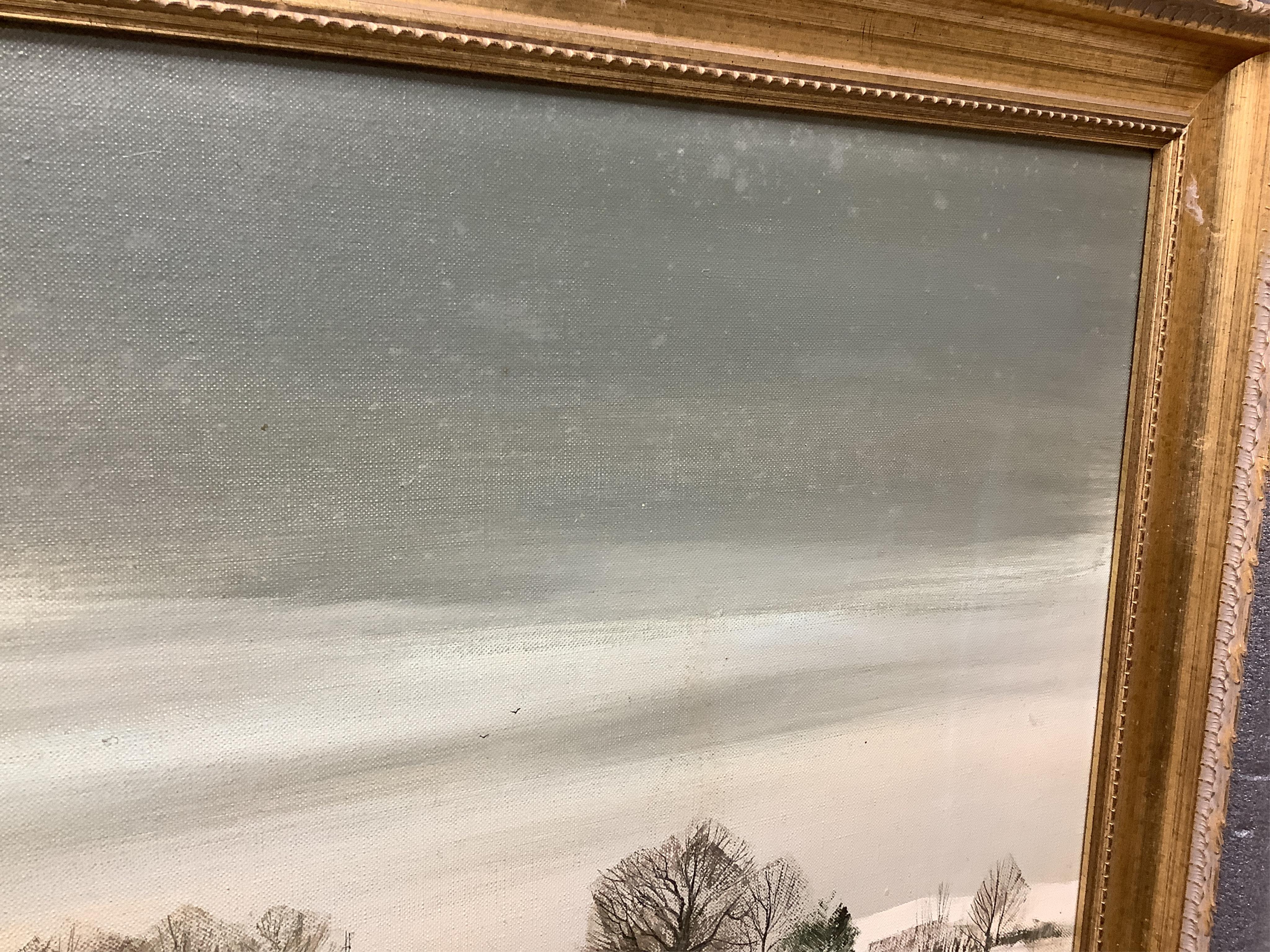 Michael Barnfather (b.1934), oil on canvas, Winter landscape with farm buildings, signed and dated '71, 37 x 105cm, gilt framed. Condition - good